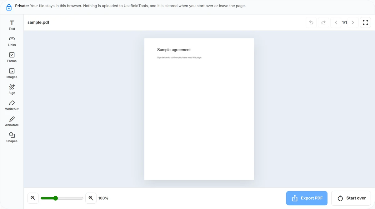 UseBoldTools Edit PDF working workspace with the left tool rail and the PDF page canvas