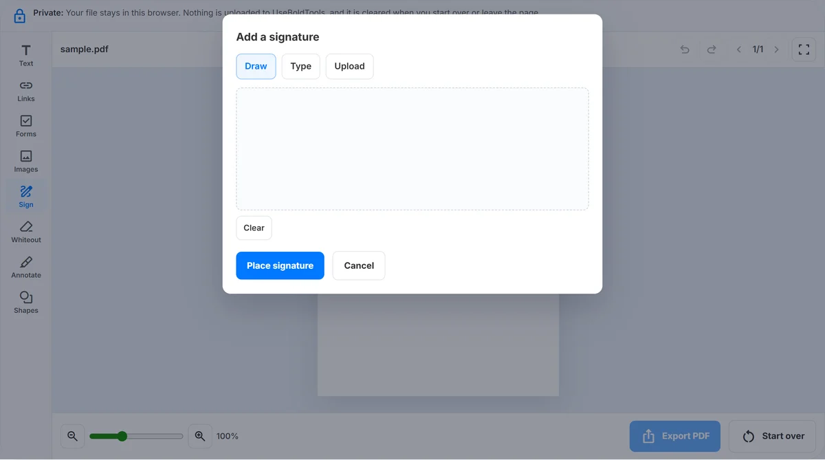 UseBoldTools Add a signature dialog with Draw, Type, and Upload options over the PDF editor