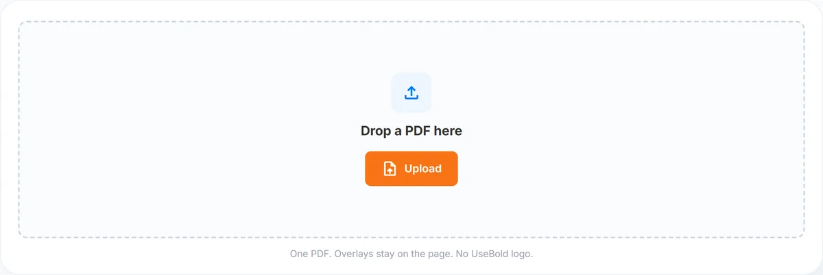 UseBoldTools Edit PDF empty workspace with a dashed drop zone and orange Upload button
