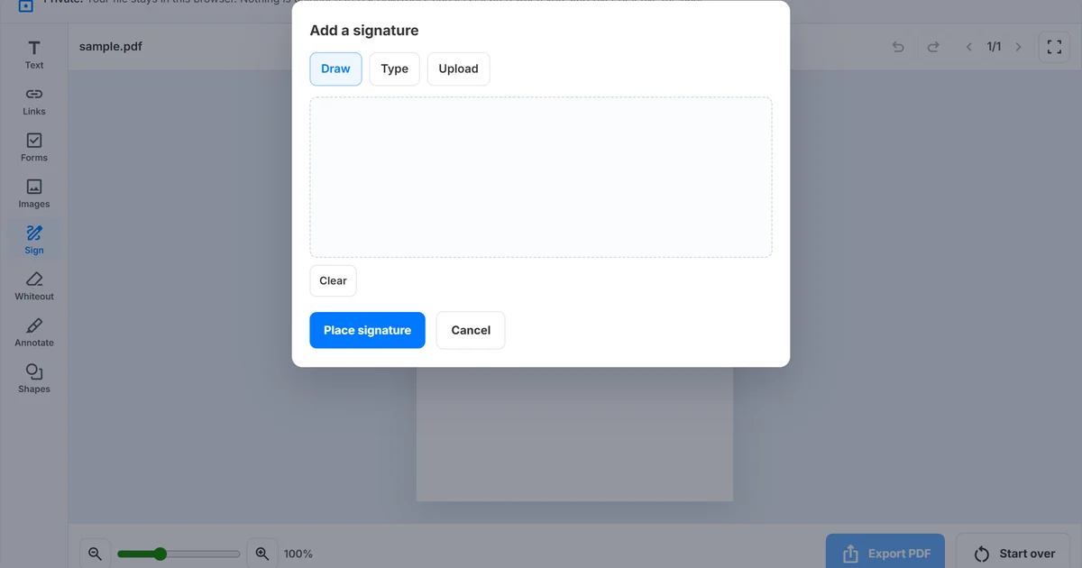 UseBoldTools Add a signature dialog on the Edit PDF workspace with Draw, Type, and Upload