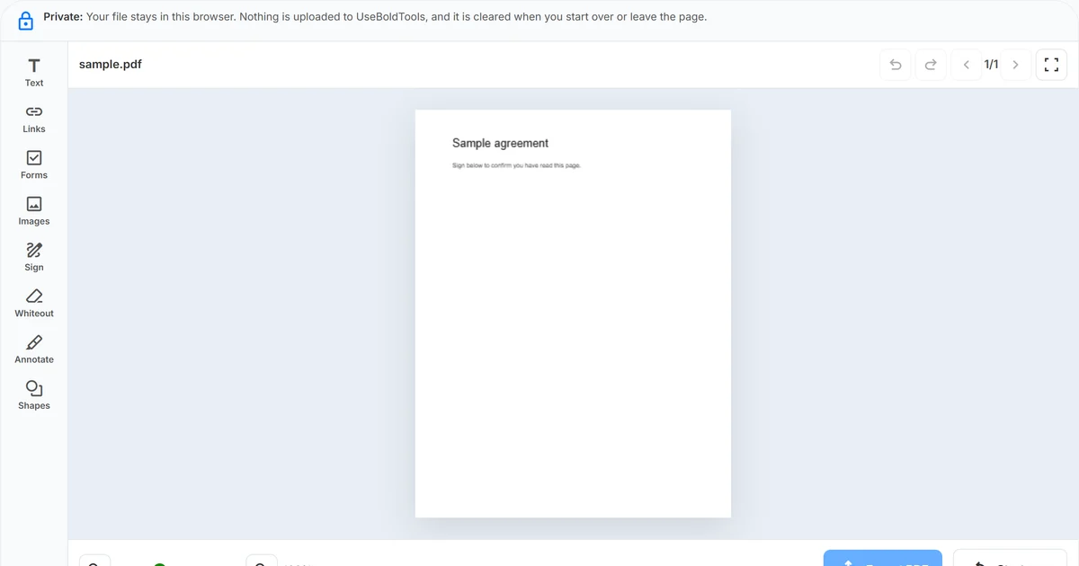 UseBoldTools Edit PDF workspace showing the left tool rail and the PDF page in the editor