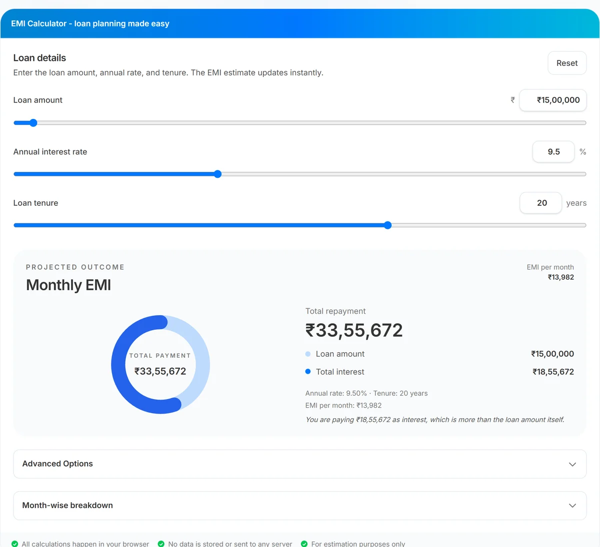 UseBoldTools EMI Calculator Advanced Options with prepayment enabled showing interest savings