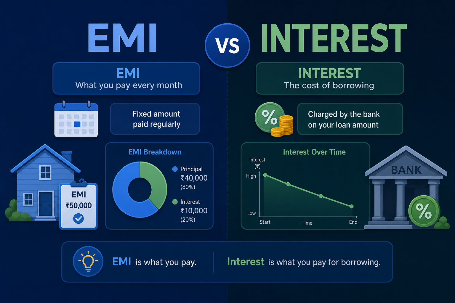 Abstract chart comparing monthly EMI payments with cumulative total loan interest
