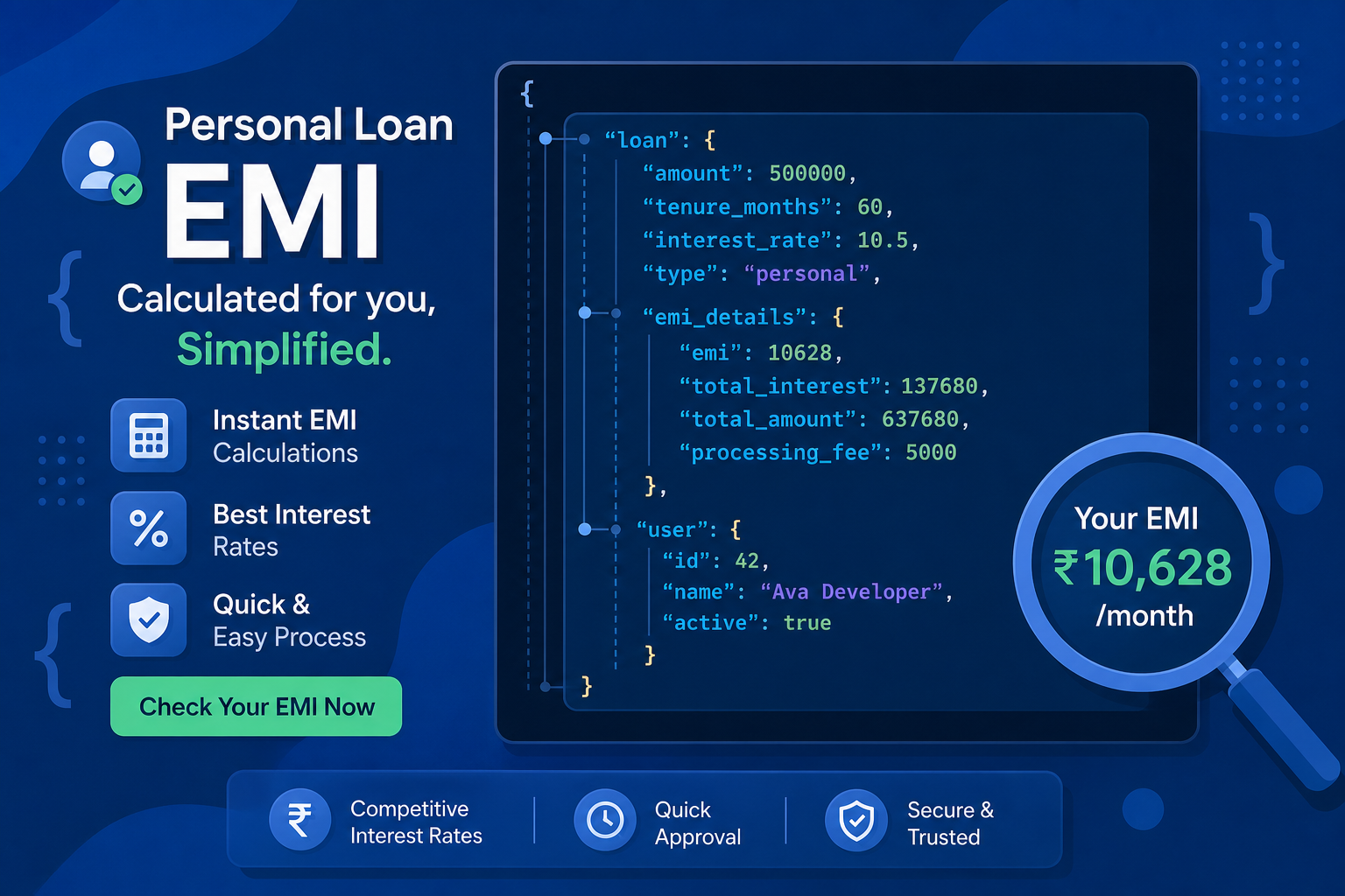 Abstract illustration of personal loan EMI calculation with rupee symbols and calculator