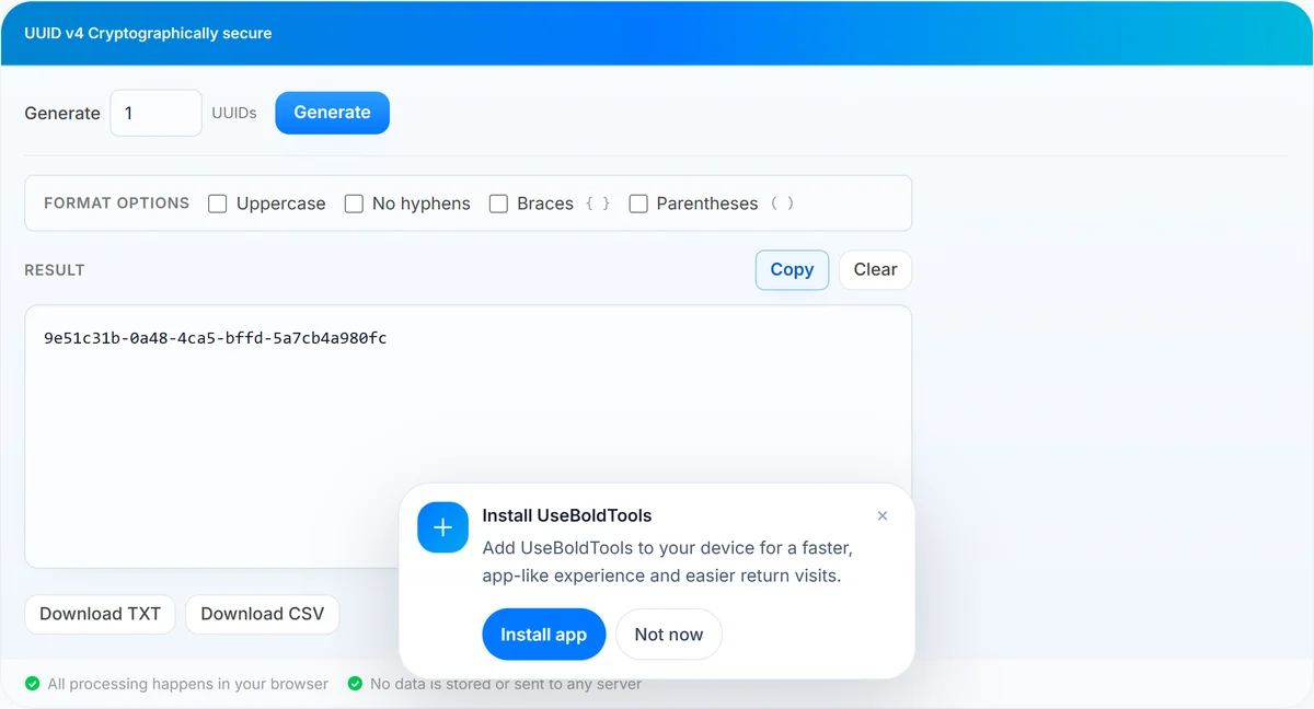 UseBoldTools GUID Generator showing count input, format options, generated UUID output, copy, and download buttons
