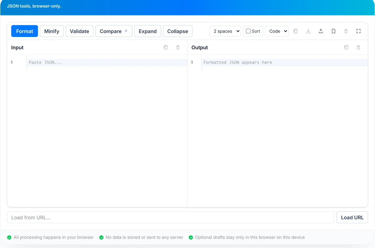 UseBoldTools JSON Formatter showing Format, Minify, Validate, Compare actions and indented output in Code view