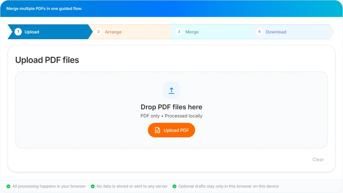 UseBoldTools PDF Merge upload step with drag-and-drop area and Upload, Arrange, Merge, Download workflow