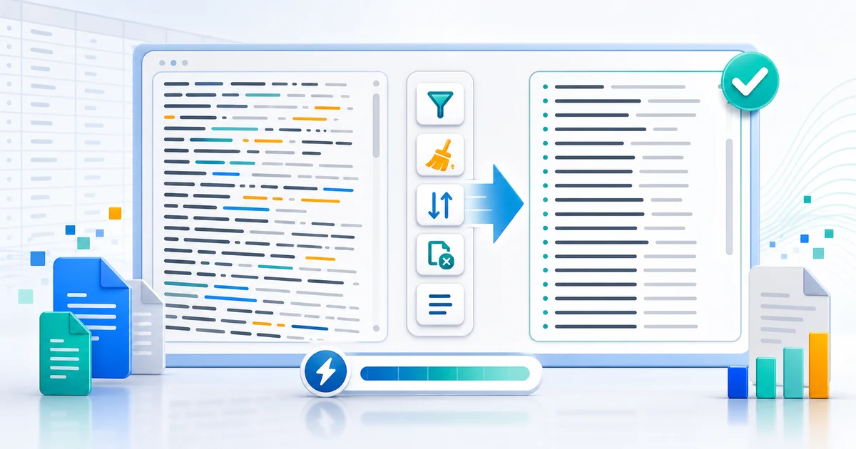 Large messy text data being cleaned into an organized browser-based list