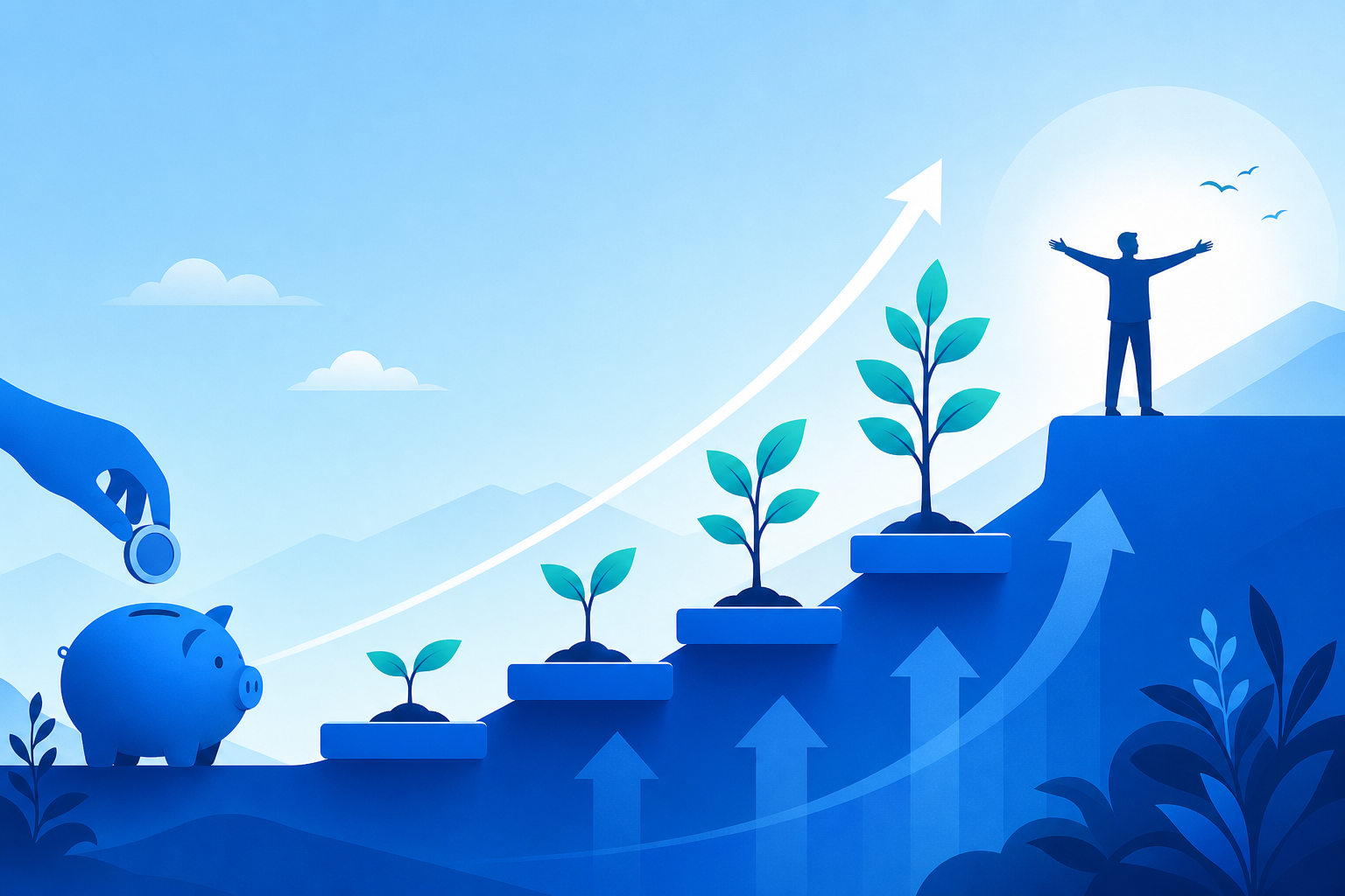 Abstract illustration of financial freedom path with upward growth curve and savings symbols