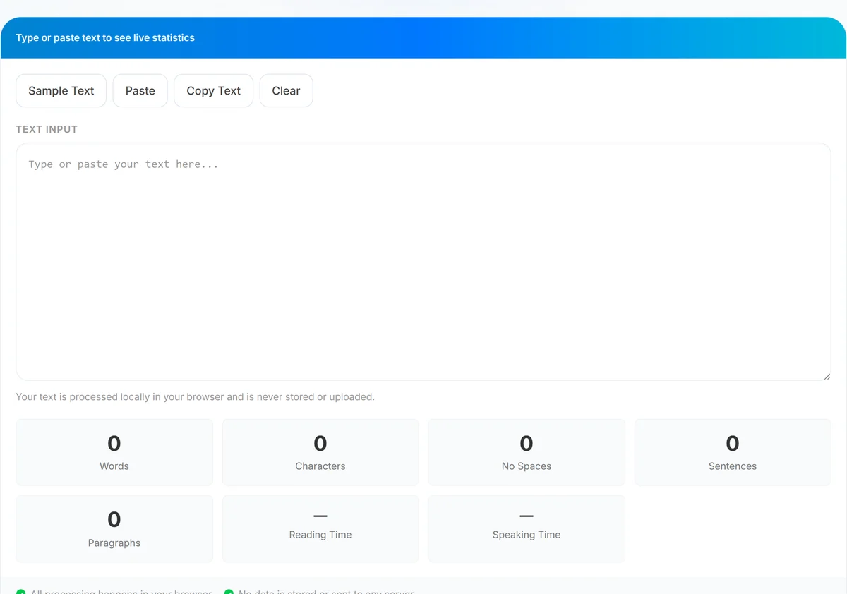 Browser-based word counter showing words, characters, and reading time metrics